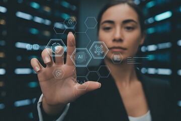 Woman touching holographic interface with A I and data icons in dark server room image