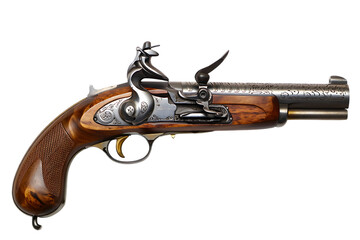 Antique detailed flintlock pistol with intricate silver engravings and a golden trigger on dark background