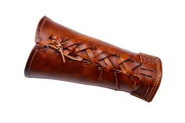Rustic handcrafted brown leather archery arm guard with intricate lacing detail and stitched edges