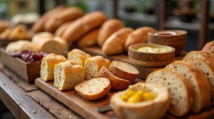 Assorted bread and pastries displayed on a wooden table in a bakery setting