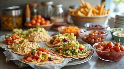 Assorted flatbreads with vibrant toppings and sides on a kitchen counter