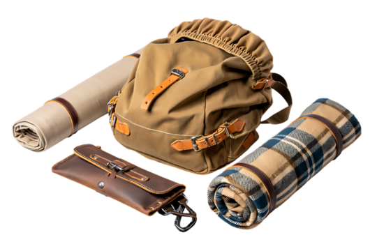 Rugged outdoor adventure gear set featuring a canvas backpack, rolled mats, and a leather wallet