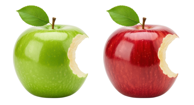 Bitten green and red apples isolated on white background