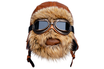 Whimsical Brown Leather and Fur Aviator Hat with Retro Pilot Goggles Against a Black Background