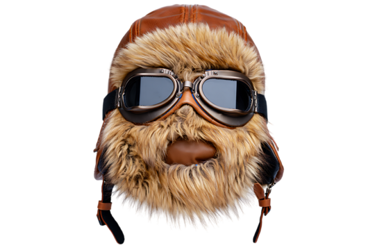 Whimsical Brown Leather and Fur Aviator Hat with Retro Pilot Goggles Against a Black Background - Powered by Adobe