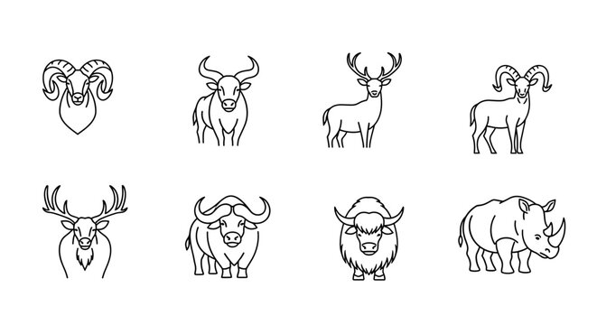 Outlined collection of horned animals including ram deer buffalo yak and rhinoceros species in line art