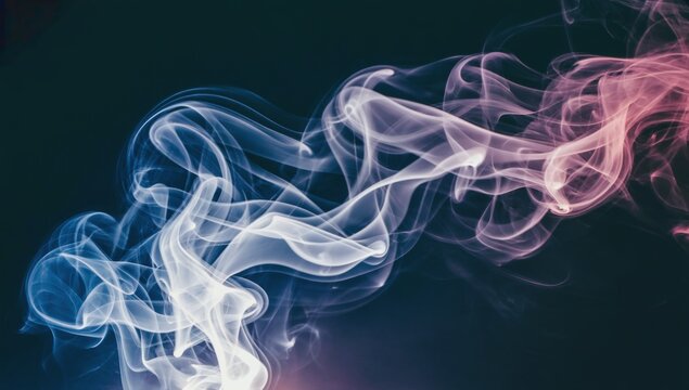 Fototapeta Delicate tendrils of white and pink smoke intertwine in an elegant, abstract flow against a dark background. The ethereal, swirling patterns create a mesmerizing visual of movement, texture, contrast.