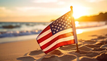 American Flag on Beach at Sunset
