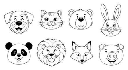 Collection of animal head outlines including a dog cat bear rabbit panda lion fox and pig drawing art
