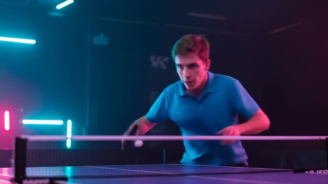 Young Man Playing Table Tennis Under Neon Lights - A young man intensely focuses on returning a ping pong ball during a game of table tennis. - Powered by Adobe