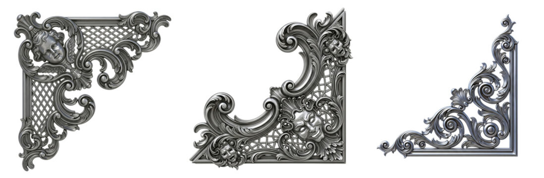 Comprehensive Set of Isolated Silver Rococo and Baroque Corner Ornaments, Including Mascarons and Intricate Grid Patterns, for Sophisticated and Artistic Visuals