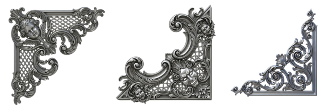 Comprehensive Set of Isolated Silver Rococo and Baroque Corner Ornaments, Including Mascarons and Intricate Grid Patterns, for Sophisticated and Artistic Visuals