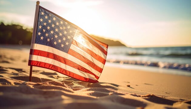 American Flag on Beach at Sunset - Powered by Adobe
