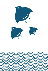 ネイビーの波千鳥のイラスト	