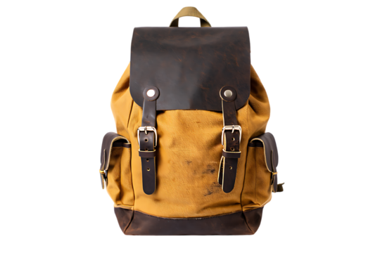 Classic olive canvas and brown leather flap backpack with sturdy buckles and practical side pockets