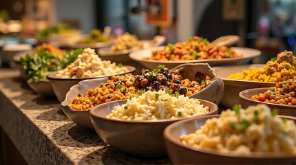 A buffet table showcasing a variety of prepared food dishes, including rice, grains, and salads.
