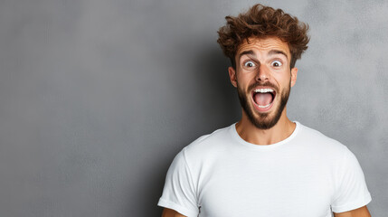 Fototapeta premium Excited man with curly hair expressing joy and surprise against gray background