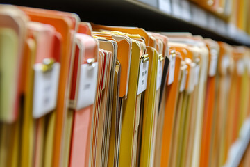 A colorful stack of old business documents and paper files