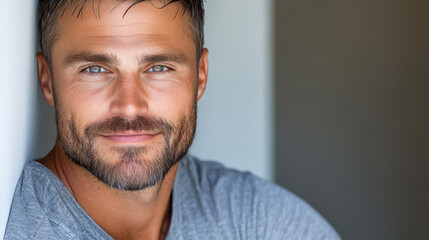 Obraz premium Confident man smiling with serious eyes, showcasing relaxed demeanor and stylish appearance