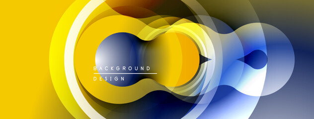 Abstract design features layered circles, vibrant colors. Yellow, blue, brown gradients create flowing visual effect. Modern background element.