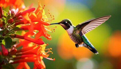 Naklejka premium Hummingbird in flight, nectar feeding on vibrant orange flowers