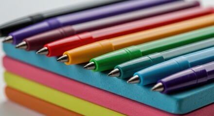 Fototapeta premium Close up of colorful pens arranged on a stack of sticky notes stationery