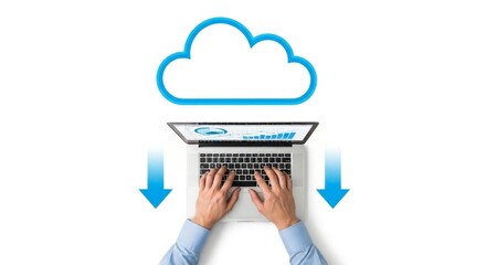 Hands typing on a laptop under a cloud icon with download arrows, representing cloud computing