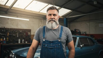 Confident Senior Mechanic in Vintage Auto Repair Shop - A mature male mechanic with a gray beard stands proudly in his workshop, hands resting on his tool box in front of a classic blue car. - Powered by Adobe