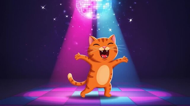 A joyful cartoon ginger cat dances under a sparkling disco ball. With outstretched arms and a happy expression, it grooves on a colorful checkered floor.