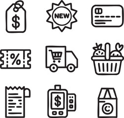A collection of shopping icons isolated on white background depicts online retail, delivery services, and user interface elements