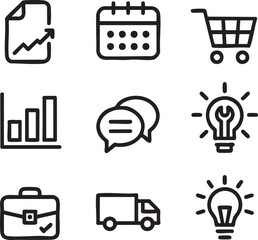 A collection of business and ecommerce icons featuring a chart, calendar, shopping cart, and delivery truck isolated on white background