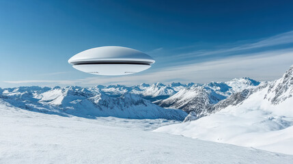 Fototapeta premium Futuristic flying saucer hovers above snowy mountain landscape, showcasing serene