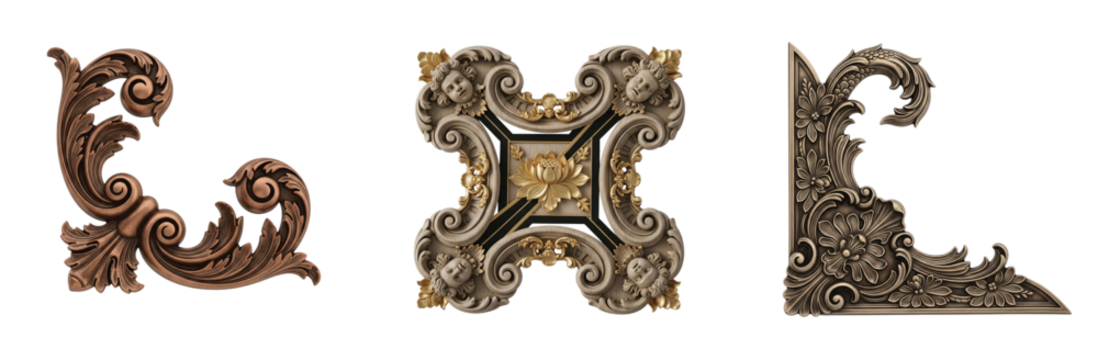 Diverse Group of Isolated Antique Decorative Elements, Including Bronze Rococo Corner Designs and an Intricate Square Ornament with Mascarons and a Gold Lotus