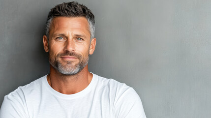 Obraz premium Confident man with short gray hair and beard, smiling against gray background