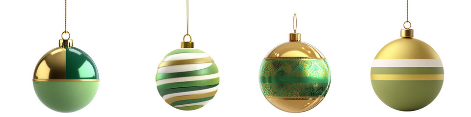 Collection of green and golden Christmas ornaments, isolated on white or transparent background