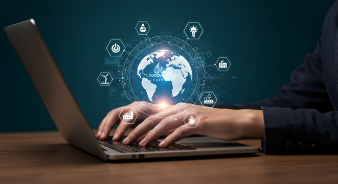 A person types on a laptop with a digital globe and interconnected icons overlaid, suggesting global network and innovation