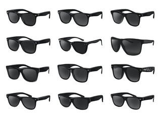 Twelve Pairs of Varied Black Sunglasses Against Transparent Background Featuring Different Shapes Frames Lenses Styles for Fashion Accessories and Eye Protection, PNG