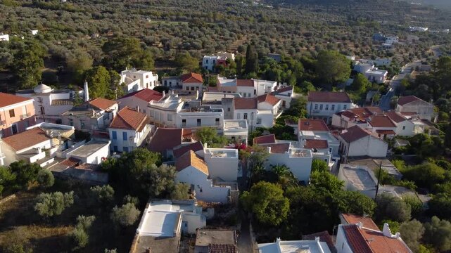 Orbit Aerial of Halki Village in Tragaia at Sunset, Naxos, Greece