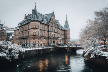 Obraz premium serene winter landscape in european capital showcasing beauty of snowcovered architecture