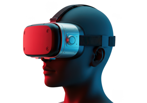 Futuristic vr headset on a stylized human head with red and blue lighting isolated on transparent background
