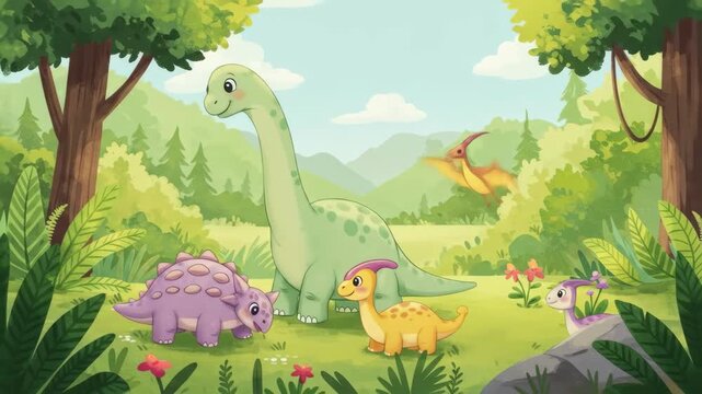 Cute Dinosaurs in Lush Prehistoric Forest - Three adorable cartoon dinosaurs&mdash;a brontosaurus, an ankylosaurus, and a parasaurolophus&mdash;stand in a vibrant green prehistoric forest with rolling hills in