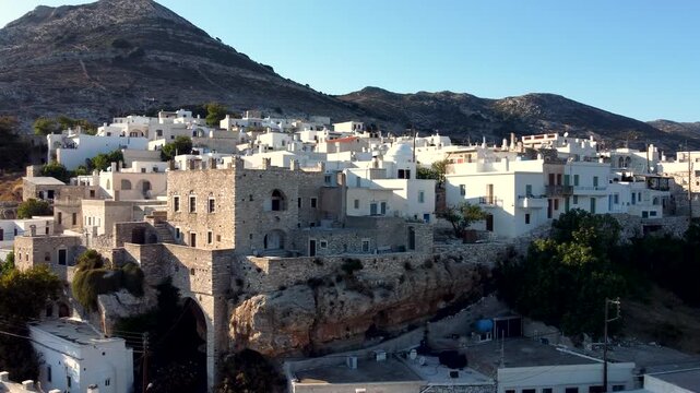 Aerial Orbit View of Tower of Zeugolis in Apeiranthos Village, Naxos, Greece