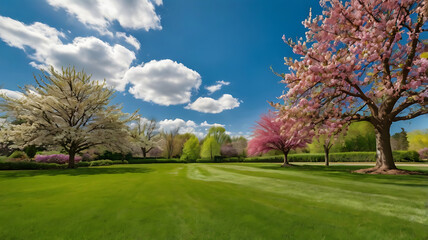 Obraz premium Pink cherry blossom trees bloom in a vibrant spring park landscape under a blue sky, with green grass and a hint of a garden
