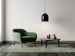 Minimalist interior scene featuring a green velvet armchair, a low coffee table with decor, and a pendant lamp against a white wall, all resting on a muted green rug