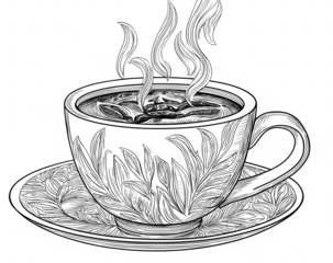 Hot coffee in ornate cup, steam rising