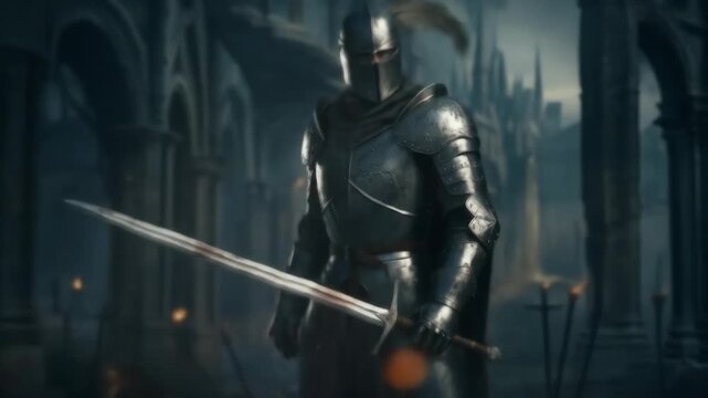 Medieval Knight with Sword in Gothic Ruins - A lone knight in full plate armor stands vigil in a dimly lit gothic ruin, his sword held at his side.