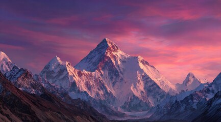 Majestic snow-capped mountain peak at sunset, bathed in vibrant pink and purple hues, surrounded by a range of smaller peaks