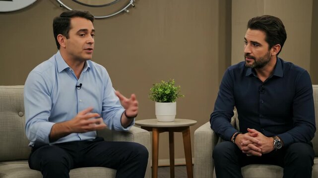 Two men in shirts converse in a casual studio setting.