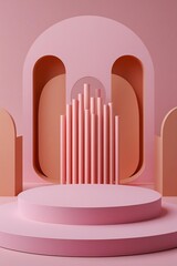 Minimalist pink stage with abstract geometric shapes and vertical rods