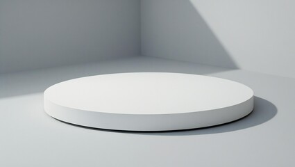 Fototapeta premium Minimalist white circular platform in a softly lit corner